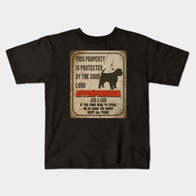 Affenpinscher Silhouette Vintage Humorous Guard Dog Warning Sign Kids T-Shirt by Sniffist Gang